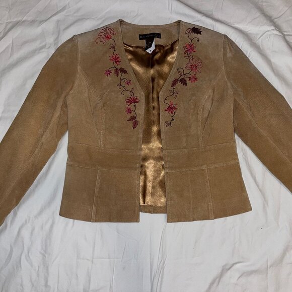 Vintage-Inspired Nubuck Leather Jacket with Embroidered Floral Detail - Picture 6 of 6
